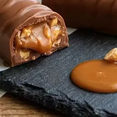 Barretta di cioccolato con mou e arachidi, tagliata a metà
